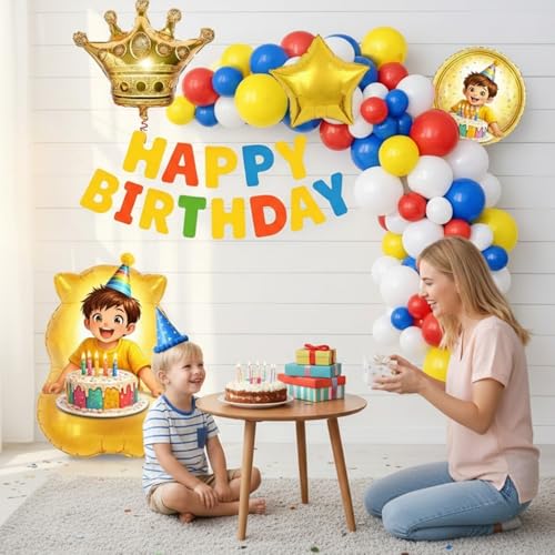 Image of Rozi Decoration Kids Birthday Decoration Kit with Happy Birthday Paper Banner, Crown Foil Balloon and Multicolor Latex Balloons - Pack of 57 Pieces for Home Party Decoration