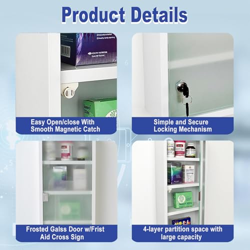 Botiquín de acero inoxidable con cierre, armario de almacenamiento de 4 niveles para pared, montaje superficial o empotrado, ideal para baño, oficina o primeros auxilios, 10,6 x 4,7 x 22,4 pulgadas miniatura 4