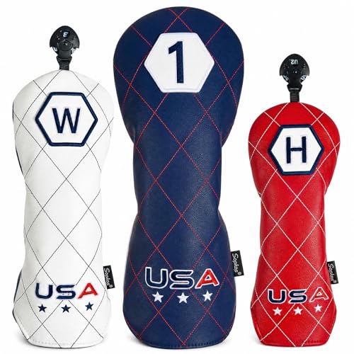 Sopkop Usa Golf Headcovers Set, Driver Head Covers Fairway Wood Headcover Hybrid Head Cover Of Hand-Embroidery Techniques,Colors Of American Flag, For Men Women Golf Enthusiast (3 Pack)