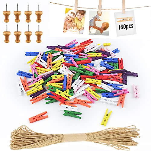 Hengxinc Lot de 168 Mini Pince à Linge 25MM Mini Pince à Linge Mariage Petite Epingle en Bois pour Photo pour Polaroid Photo avec 10M Corde de Jute DIY Mini...