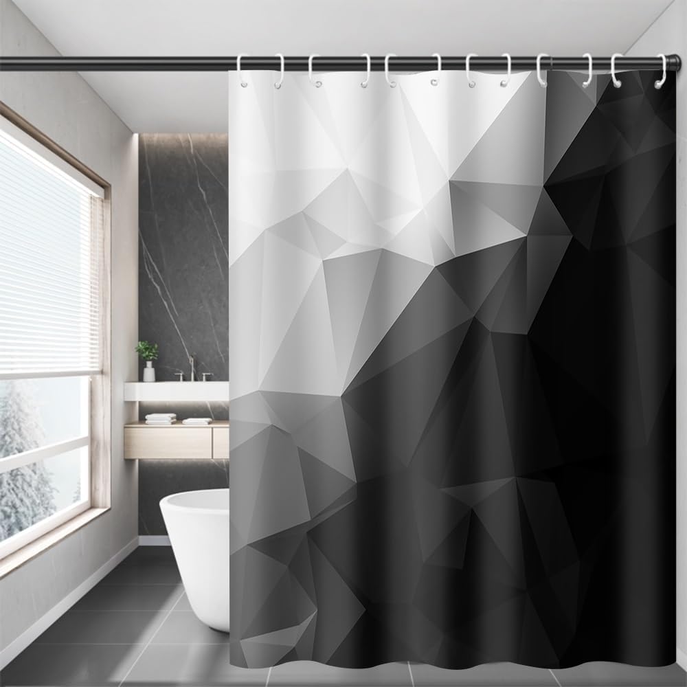 Black and White Bathroom Shower Curtain Abstract Stereoscopic Geometric Pattern with Hooks, Polyester Waterproof Fabric Modern Minimalist Art Decor, 72x96 Inch