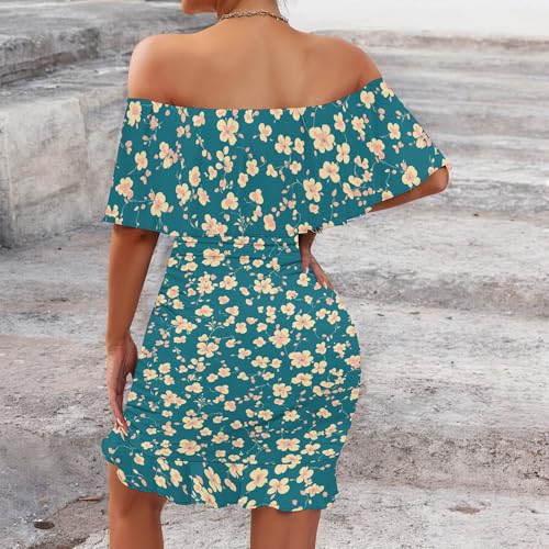 Image of PinkPatty Summer Mini Dress for Women Off Shoulder Ruffled Bodycon Dresses Short Beach Sundress