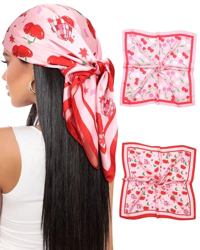 AWAYTR 27.5 Satin Head Scarf for Women Like Silk Scarf Hair Bandanas Women 2Pcs Satin Neck Scarf Headscarf Hair Wrap (Cherry - Red)