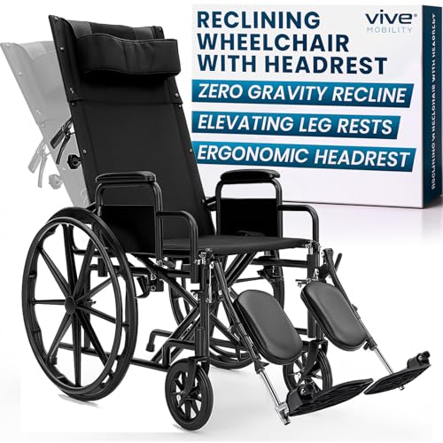 Vive Mobility Reclining Wheelchair with Elevating Leg Rests - Heavy Duty Recliner Wheel Chair for Seniors & Adults -Wide 18' Seat, up to 300lbs -High Back, w/Leg & Head Support -Comfortable Headrest