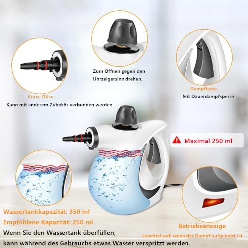 Handdampfreiniger, 250ml Druck-Mehrzweckdampfreiniger mit 12-teiligem Zubehör, chemikalienfreier Dampfreiniger für den Heimgebrauch, Reinigung von Böden, Fliesen, Fenstern, Sofas