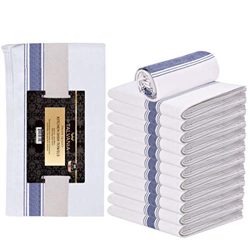 Talvania Kitchen Dish Towels - 100% Cotton White Flour Sack Tea Cloth With Blue Herringbone Stripe, Pack Of 12, 15” X 25” Perfect Classic Dish Towel Dishcloths For Bars, Kitchens, Counters & Much More #TOP1