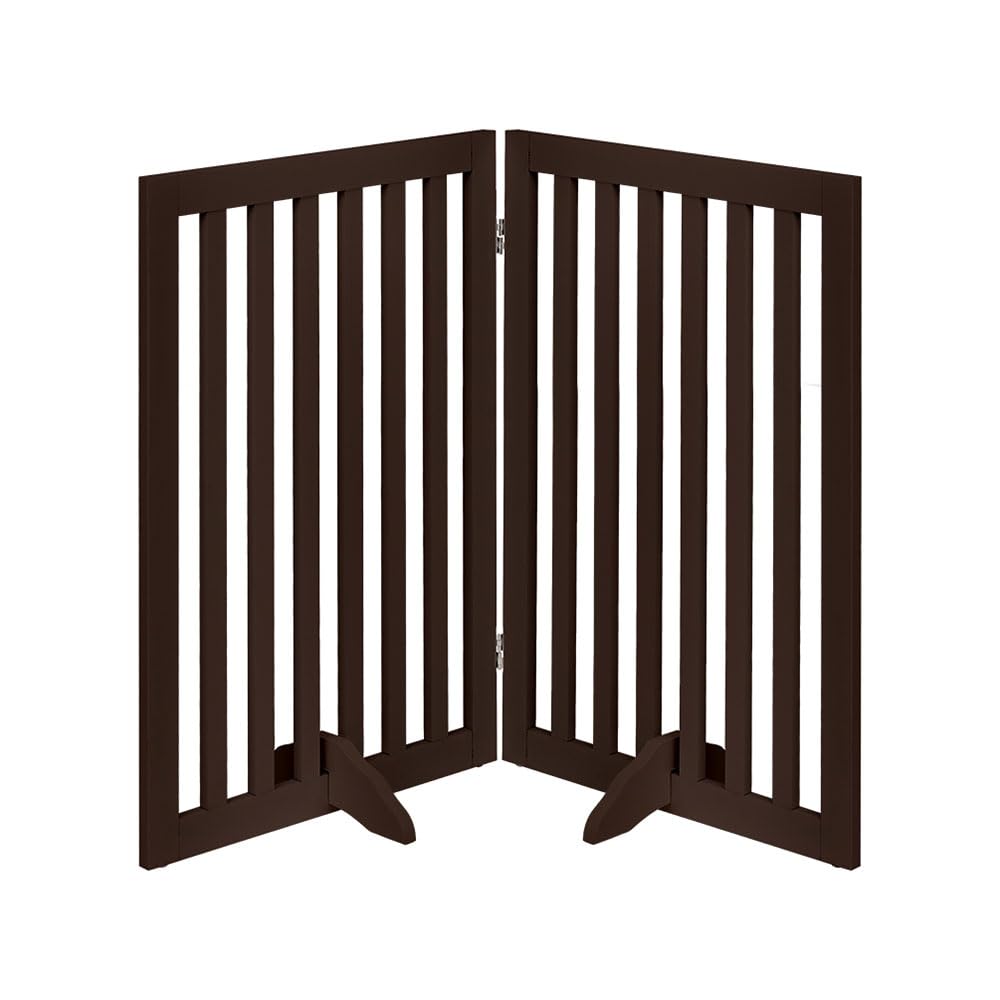 unipaws 36”H Free Standing Pet Gate for Dog and Cat, Wooden Dog Gates for Doorway, Stairs, Room Divider, Step Over Foldable Pet Fence for The House, Expandable Barrier, Indoor Use, Espresso