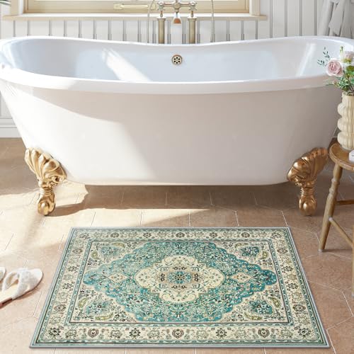 Lahome Floral Medallion Area Rug - 2x3 Small Rugs for Entryway Distressed Doormat Vintage Non-Slip Washable Low-Pile Carpet for Indoor Front Entrance Kitchen Laundry Bathroom, Sky/Baby Blue