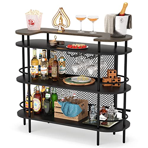 Tribesigns Bar Unit For Liquor, 4 Tier Bar Table With Storage Shelves And Foot Rail, Corner Mini Bar Cabinet With Wine Glasses Holder For Home/Kitchen/Bar/Pub, Black And Walnut #TOP7