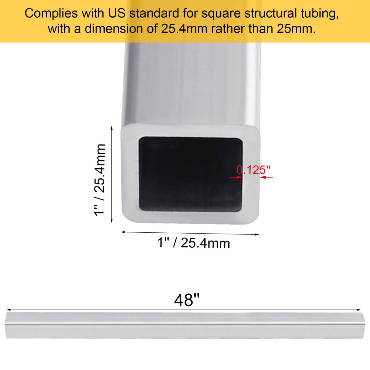 1”x 1”x 48”Aluminum Square Tubing, 0.125 Inch Wall Thickness, DIY Industrial Grade Seamless Square Metal Profile,1Pcs