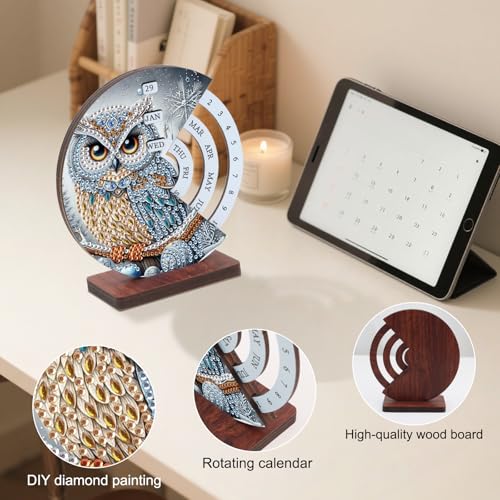 Image of 3D Diamond Art Tabletop Calendar Kit, DIY Wooden Perpetual Desk Ornament with Snow Owl Design, Sparkling Diamond Painting Craft for Winter Desktop Decoration