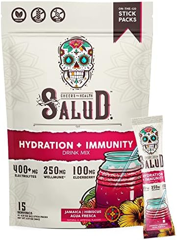 Salud 2-in-1 Hydration and Immunity Electrolytes Powder, Hibiscus - 15 Servings, Jamaica Agua Fresca Drink Mix, Elderberry, Dairy & Soy Free, Non-GMO, Gluten Free, Vegan, Low Calorie, 1g of Sugar