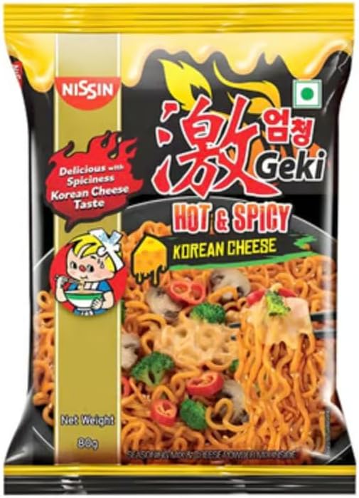 Nissin Hot & Spicy Instant Noodles Korean Ramen Cheese Flavour | Creamy Cheese Meets Fiery Korean Spice | Ultimate Comfort Ramen, 80 G (Pack of 4)