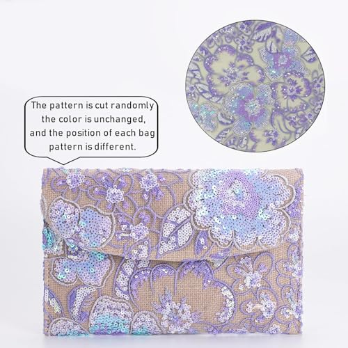 Image of Clutch Purses for Women, Envelope Package, Sequin Embroidered Flowers Straw Bag, Bohemian Handmade Handbags