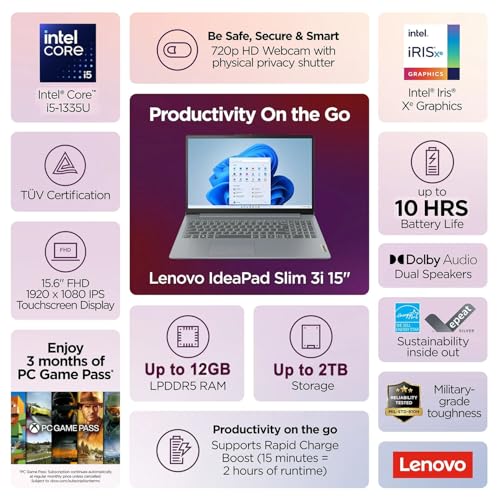 Image of Lenovo IdeaPad Slim • 15.6 inch FHD Touchscreen Laptop • Intel Core i5-1335U (10 Cores) • 8GB DDR4RAM • 512GB SSD • Privacy Shutter • 10H Battery • Windows 11 • No Mouse