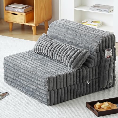 Image of Tiita Folding Sofa Bed Convertible Sleeper Chair Mattress with Pillow & Side Pocket, Thick Corduroy Floor Mattress Couch Bed, Single Size, Grey