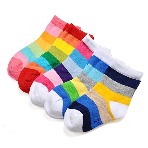 EPEIUS Kids Girls' 5 Pack Seamless Rainbow Stripes Crew Socks3