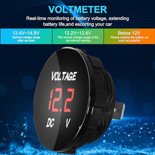 Image of 2 Pieces DC 5-48V Car Digital Voltmeter 12V 24V 36V LED Digital Display Voltmeter Round Panel Waterproof Voltage Gauge Meter for for Marine Boat Car Automotive Motorcycle (Red Light)