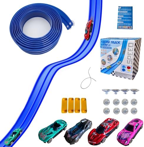 Flex Track 15 Ft Starter Set - Flexible Race Car Ramp Track for Kids Ages 3-8 with 4 Cars & 12 Suction Cups, Compatible with Hot Wheels & 1/64th Diecast Cars, Portable Blue Racetrack Toy