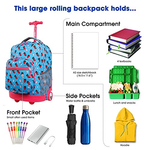 Image of J World Sunrise Kids Rolling Backpack with Wheels for Girls Boys, Roller Bookbag for School, 18 x 13 x 9 Inches, Strawberry