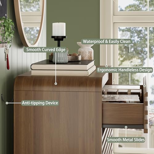 Image of 5 Drawer Dresser for Bedroom, 45 inch Tall Fluted Dresser with Curved Edge and Ergonomic Handleless, Large Wooden Clothes Storage Organizer, Modern Chest of Drawers for Closet, Living Room, Walnut