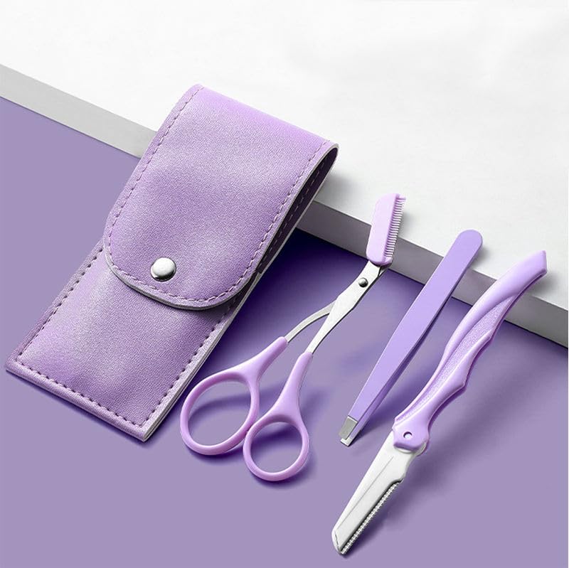 3-in-1 Eyebrow Grooming Kit with Eyebrow Razor, Scissor Comb & Precision Tweezer, Portable Eyebrow Trimmer Set with Travel Pouch for Women and Men (Purple)-image-46