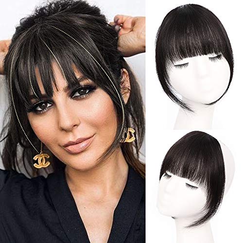 Earfodo Clip in Bangs Human Hair Black Bangs Extensions Human Hair Natural Clip Flat Neat Bangs with Gradual Temples One Piece Hairpiece for Women Girls (black)