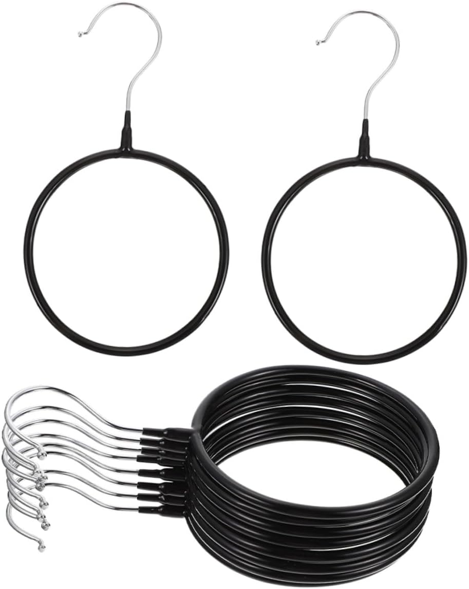 10pcs Heavy-Duty Scarf Organizer Rings with Plastic-Coated Iron Frame, Black Large Scarf and Belt Hangers for Closet Storage and Accessory Organization
