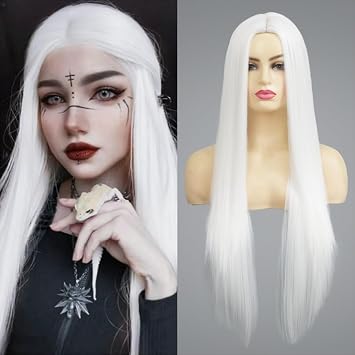 Kaneles White Long Straight Wig for Women Middle Part Synthetic Hair Wig Natural Looking Replacement Halloween Cosplay Use