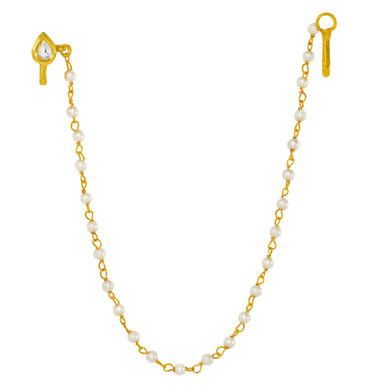Kundhan Clip-on Nathiya with Pearl Chain Gold Color Besar Nose Ring Nath Moti Chain Hoop for Girl & Women(Tear Shape)-image-43