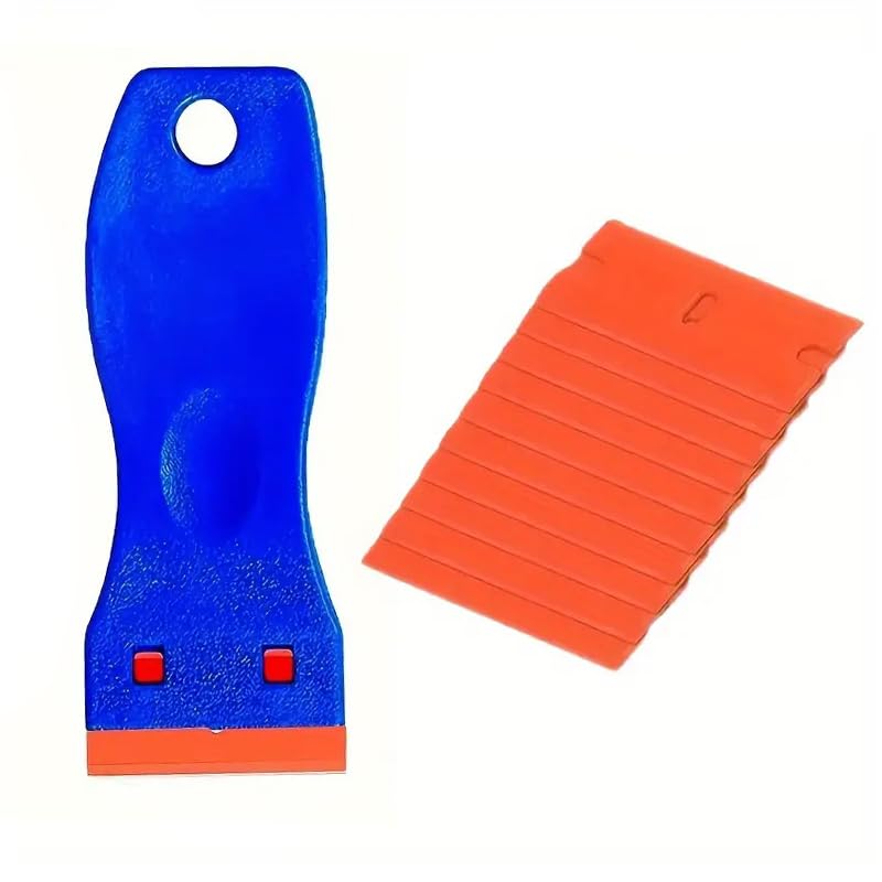11pcs Label Removal Tool Set with 1 Plastic Razor Blade Scraper and 10 Blades, Forwithout Scratches, Adhesive Remover for Stickers, Gaskets and Paints on Window Car Glass