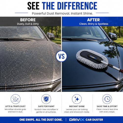 Image of Microfiber Car Duster with Extendable Handle | Scratch-Free Car Cleaning Brush | Car Dust Cleaner for Interior Exterior | Car Cleaning Accessories for Dashboard, Windshield, SUV