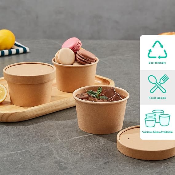 Image of [250 ml, 25 Count, Brown Disposable Kraft Paper Container with Lid | Eco-Friendly Bowl /Tub for Picnic, Travel, Food Truck | Ideal for Both Hot & Cold Food