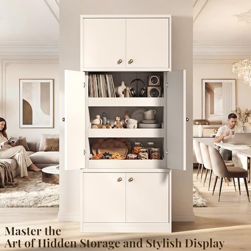 Image of 71 Inch Tall Kitchen Pantry Cabinet with Pull Out Drawers, Modular Concealed Storage Hutch, Expandable Wall System, Heavy Duty Thickened Panels, Freestanding Kitchen Organizer, White