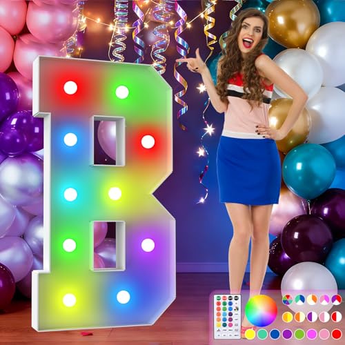 Image of 4FT Colorful Marquee Letters,18-Color Letter B with Remote Control Large Light Up Numbers Sign,Pre-Cut Foam Board Set for Party Decoration, Birthdays, Weddings, Graduations, Baby Anniversaries
