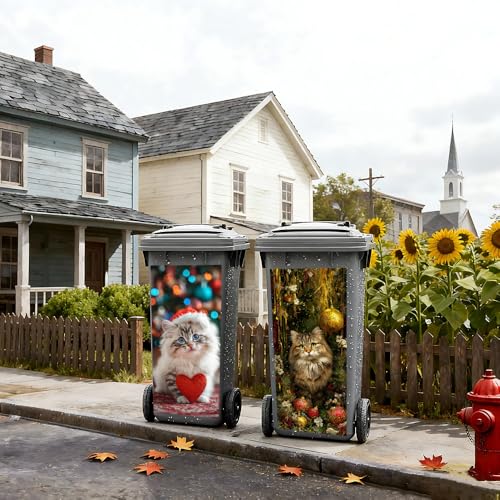 Image of 2 PC Trash Can Sticker 14.57 x 32.28 Inch Fluffy Kitten Christmas Vinyl Sticker with Santa Hat Red Heart Gold Ornament Pine Garland for Outdoor Garbage Bin Garden Yard Decor
