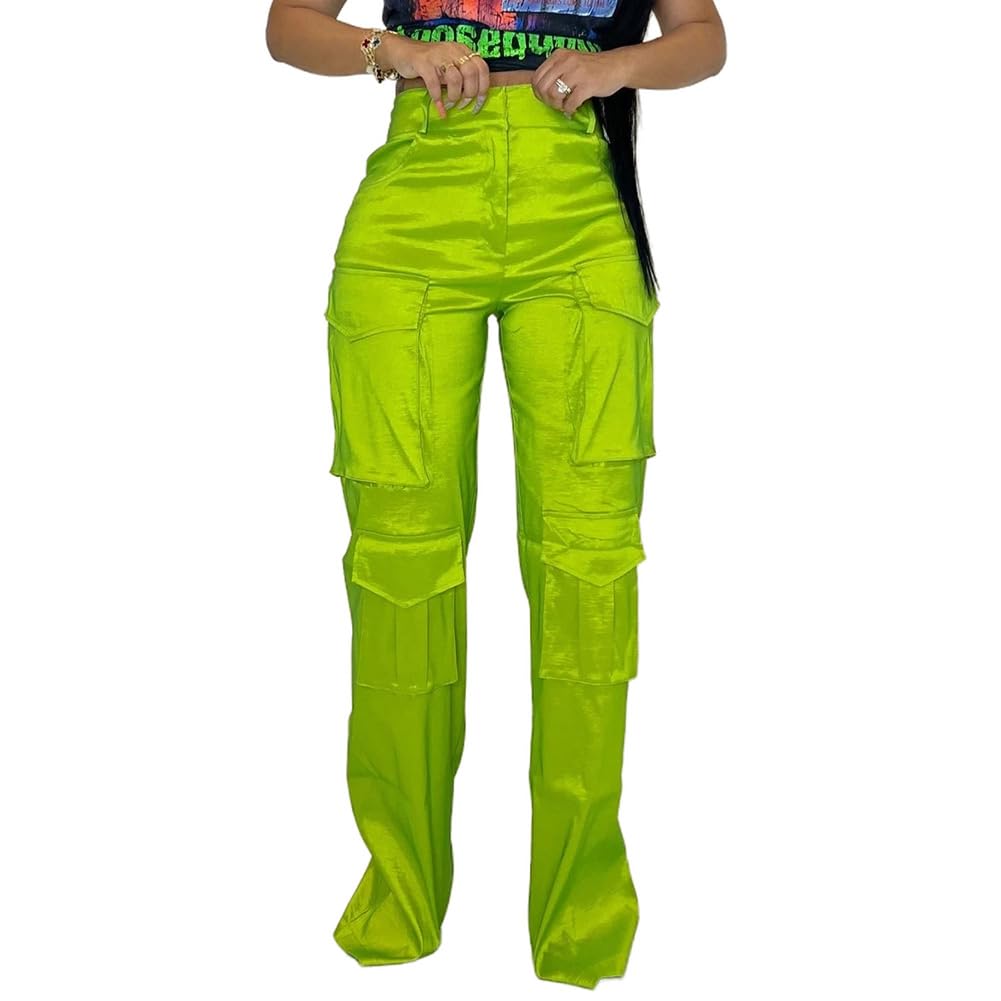 Green Cargo Pants Women With Pockets Baggy High Waisted Casual Pants Dance Hip Hop Cargo Pants Aesthetic Pants for Streetwear Going Out Hiking Travel Y2K Pants Straight Trousers Fluorescent Green XXL