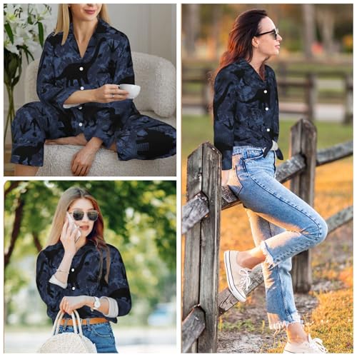 Image of Women'S Long Sleeve Pajama Set Soft Loungewear Button-Down Top & Elastic Waist Pants S- 2XL