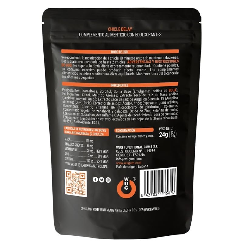 WUG DELAY CHICLES POTENCIADOR LIBIDO Y RETARDANTE EYACULACION 10 UNIDADES, D-228991, rozmiar uniwersalny