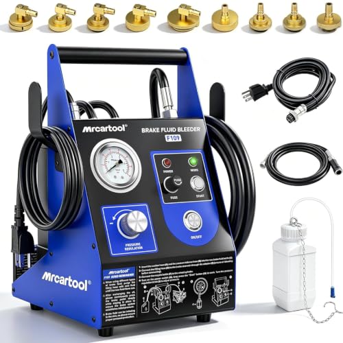 F109 Automatic Brake Bleeder Kit 110V Electric Brake Fluid Bleeder 0.7-2.5 bar with 9 Master Cylinder Adapters 1.6L/min Flow One person Pneumatic Fluid Extractor Tool for Toyota Honda Chevy