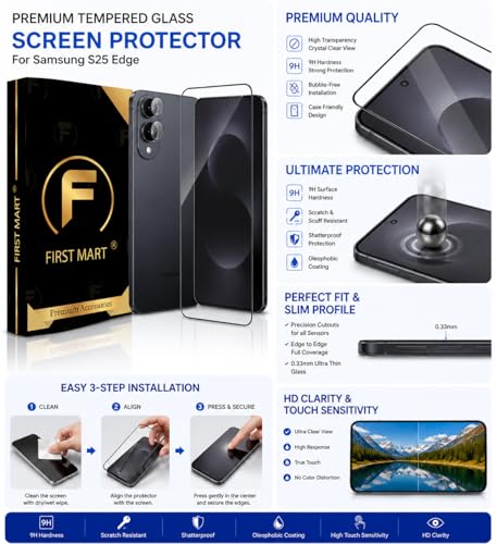 Image of FIRST MART Tempered Glass for Samsung Galaxy S25 5G with Black Camera Ring Guard & Installation Kit | HD Clear Edge-to-Edge Screen Protector, Scratch Resistant, Case-Friendly | Pack of 1