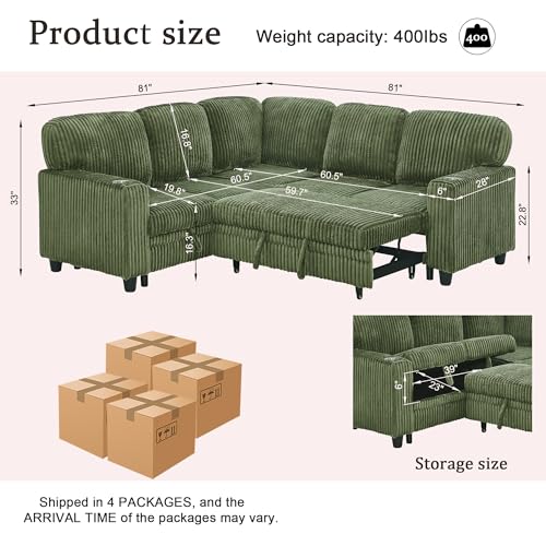Image of KEIKI 81 inch L-Shaped Oversized Corduroy Modular Sectional Sleeper Sofa with Pull-Out Bed, Storage Seat, 5-Seater Upholstered Couch Bed with Charging Station, Easy Assembly, for Living Room, Olive Green