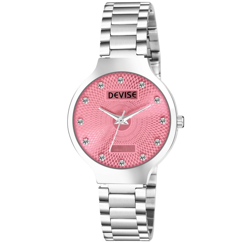 DEVISE Watch for Women Round Studded Dial Long Battery Life Stainless Steel Bracelet Chain Strap Clasp Watches for Girls(105-Pink) (B0CHRQH8ZY) Amazon Price History, Amazon Price Tracker