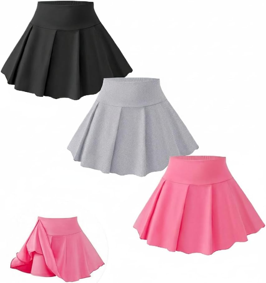 3 Pack Girls Skort Athletic Skirts for Tennis Golf Sports High Waisted Skirt with Shorts Kid for 8-12Y