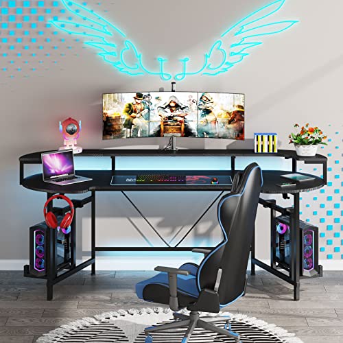 Tribesigns 75 Inch Gaming Desk with Monitor Shelf, Large PC Computer Desk with LED Lights, Gaming Table Gamer Desk for Bedroom, Home Office, Black by Tribesigns - Used condition - Image 9