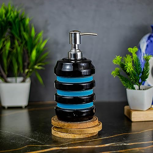 Image of Ceramic Bathroom Accessories Set for Utility and Bathroom Decor | Liquid Soap Dispenser, soap Tray, Toothbrus Holder Glossy Sky Blue and Black (GOA 8)