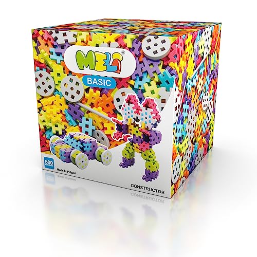Meli Basic Constructor 600 Blocs de Construction pour Enfants à partir de 3 Ans, avec Roues et pièces spéciales, 600 pièces en 6 Couleurs, favorise la motricité et l'imagination