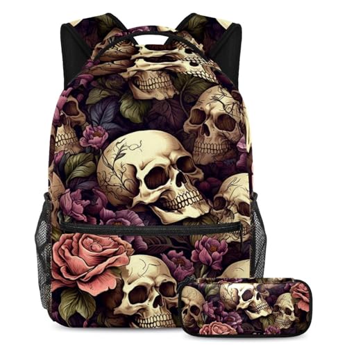 Cartables grande capacité crâne floral avec trousse pour étudiants