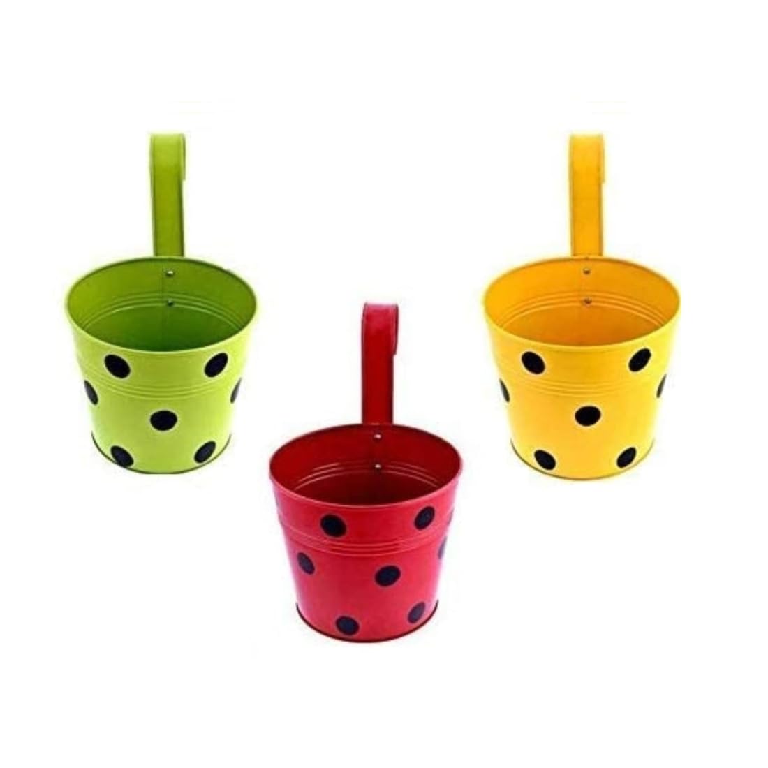 PRIME KRAFTS Polka Dotted Multicolour Round Railing Planters Hanging Flower Pots Metal Iron Round Bucket with Detachable Hooks for Indoor and Outdoor Decor (Multicolour Dot - Pack of 3) (B0CZLLYLRF) Amazon Price History, Amazon Price Tracker