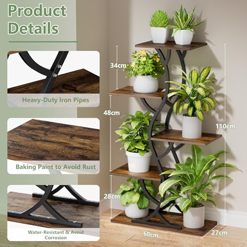 Image of Plant Stand Indoor with Grow Lights - 5 Tiered Corner Plant Shelves (Brown) | 44 inch Tall Metal Plant Shelf, S-Shape Lighted Flower Holder Dispaly Rack for Living Room, Home, Patio, Balcony